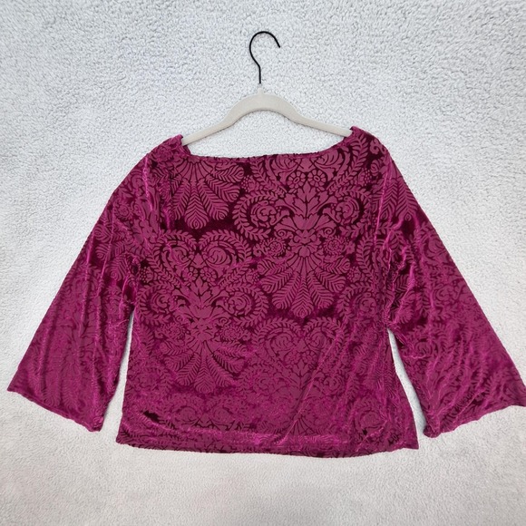 Roz & Ali Blouse Womens 2X Purple Velvet Burnout Damask Bell Sleeve Elegant Top - Picture 2 of 6